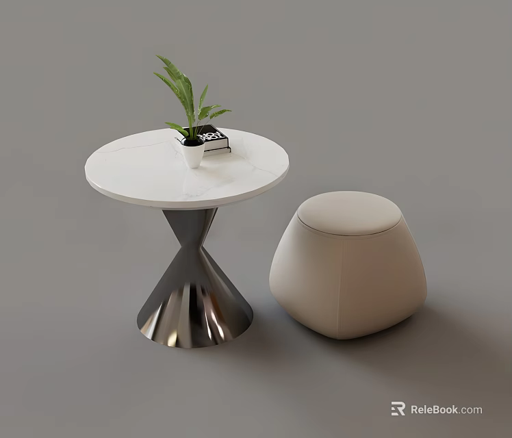 Modern Sofa Coffee Table Set With White Tabletop Metal Base And White Padded Stool 3d model