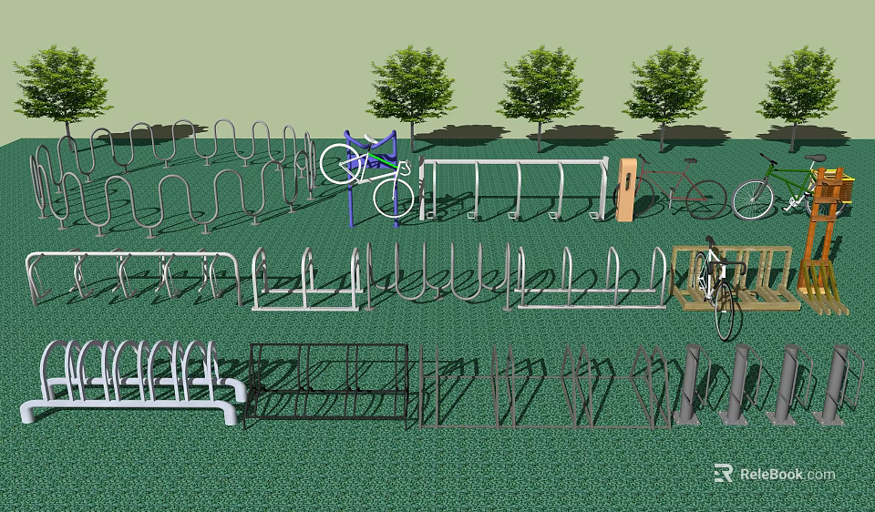 Outdoor Bicycle Parking Area With Racks Bicycles Trees And Green Grass 3d model 