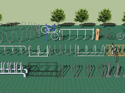 Outdoor Bicycle Parking Area With Racks Bicycles Trees And Green Grass 3d model