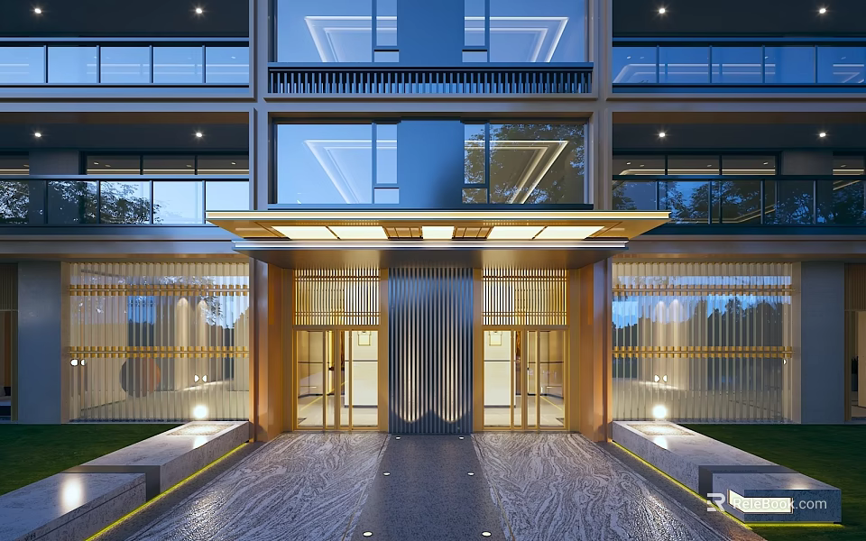 Elegant Modern Residential Building Entrance With Glass Curtain Wall Lighting Marble Floor And Golden Decorations 3d model 