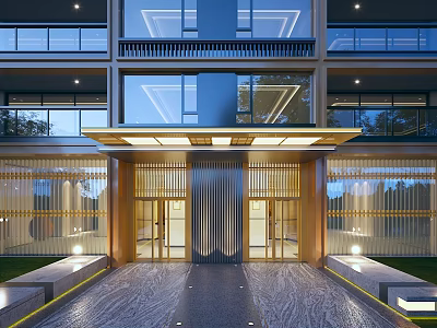 Elegant Modern Residential Building Entrance With Glass Curtain Wall Lighting Marble Floor And Golden Decorations 3d model