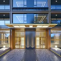 Elegant Modern Residential Building Entrance With Glass Curtain Wall Lighting Marble Floor And Golden Decorations