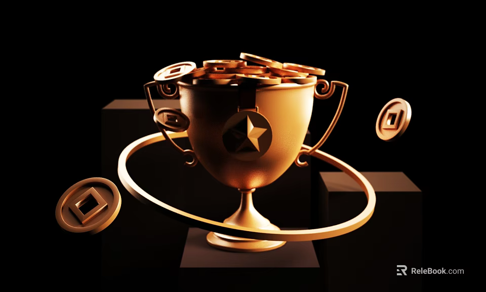 Golden Trophy with Star Design Surrounded by Coins and Circular Ring on Pedestal 3d model 