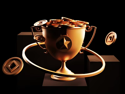 Golden Trophy with Star Design Surrounded by Coins and Circular Ring on Pedestal 3d model