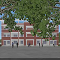 Red Brick Multi Story Office Building With White Frames Flat Roof And Green Trees Around