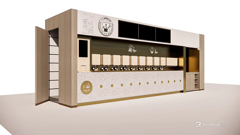 Modern Milk Tea Shop Interior With Sleek Counter Wooden Decor And Golden Accents 3d model 