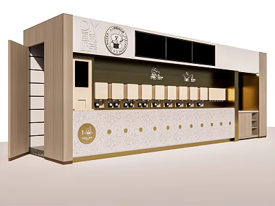 Modern Milk Tea Shop Interior With Sleek Counter Wooden Decor And Golden Accents 3d model