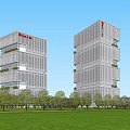Modern Twin Office Towers With Riverfront Green Space And Landscaped Trees
