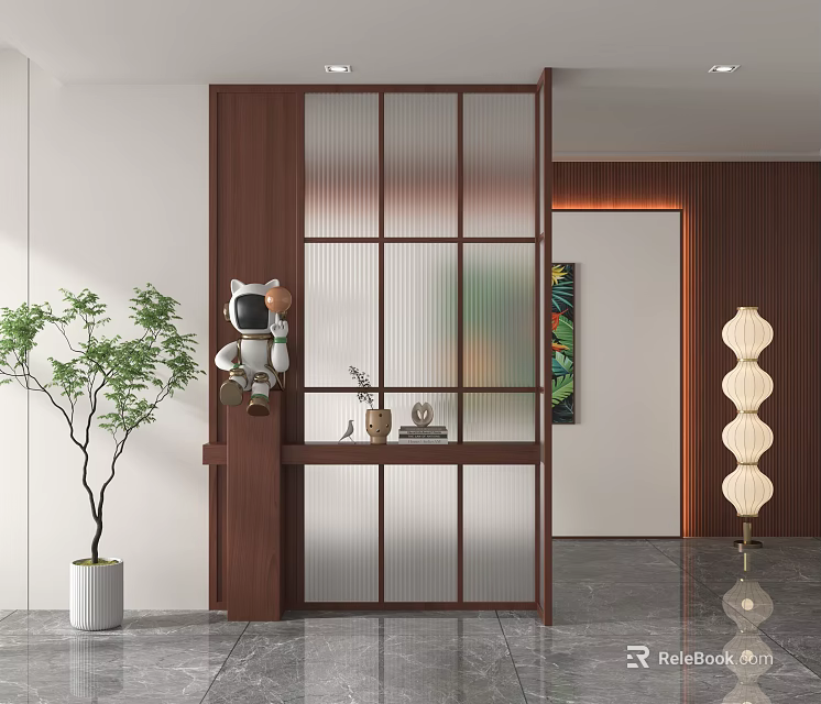 Modern Wooden Screen Partition With Decorations And Plants 3d model