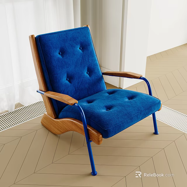 Blue Tufted Bean Bag Chair With Wooden Armrests And Metal Legs 3d model 