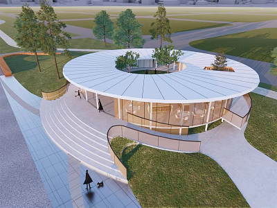 Modern Wooden House With Circular Roof Surrounded By Grass Trees Steps And Pathways 3d model