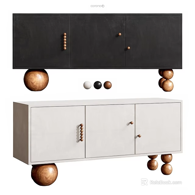 Elegant Black And White TV Cabinet With Unique Wooden Ball Legs And Decorative Door Knobs 3d model 