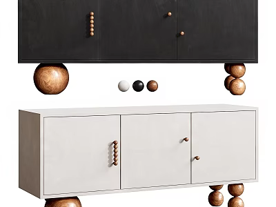 Elegant Black And White TV Cabinet With Unique Wooden Ball Legs And Decorative Door Knobs 3d model