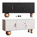 Elegant Black And White TV Cabinet With Unique Wooden Ball Legs And Decorative Door Knobs