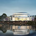 Modern Museum Building with Circular Roof and White Exterior Amid Trees Near Water with Sailboats 3d model