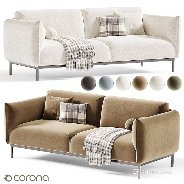 Two Seater Sofa with Plaid Pillows Throw Blanket and Multiple Color Options 3d model 
