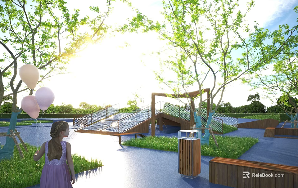 Happy Girl With Balloons In Sunlit Outdoor Park Featuring Trees Grass And Bridge 3d model 