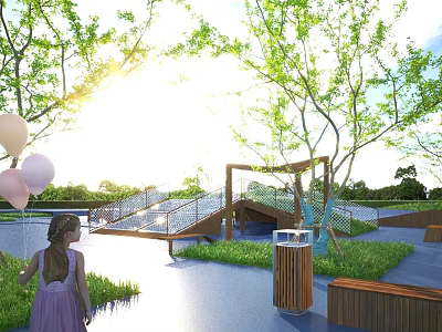 Happy Girl With Balloons In Sunlit Outdoor Park Featuring Trees Grass And Bridge 3d model