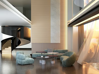Modern Duplex Living Room Interior With Spiral Staircase Curved Sofa Coffee Tables And Floor to Ceiling Windows 3d model