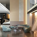 Modern Duplex Living Room Interior With Spiral Staircase Curved Sofa Coffee Tables And Floor to Ceiling Windows