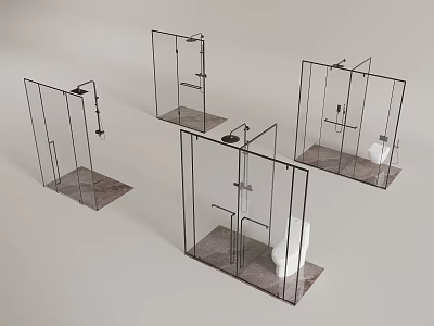 Modern Bathroom Shower Partitions with Black Metal Frames and Marble Floors 3d model