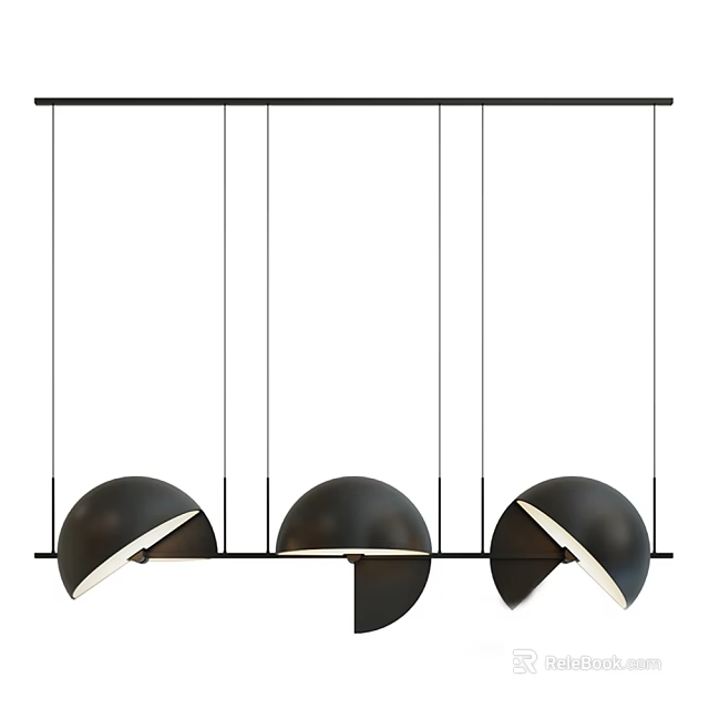 Modern Three Black Hemispherical Pendant Lights With White Interior Hanging On Horizontal Bar 3d model