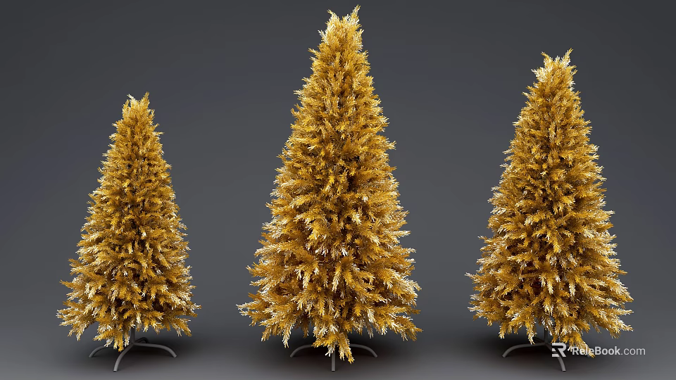 Golden Christmas Tree Decorative Ornament Set with Different Sizes and Metal Stands for Holiday 3d model 
