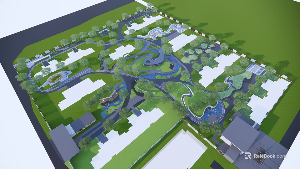 Garden Landscape Design With Winding Paths Water Features Green Spaces And Surrounding Buildings 3d model 