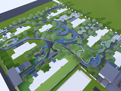 Garden Landscape Design With Winding Paths Water Features Green Spaces And Surrounding Buildings 3d model