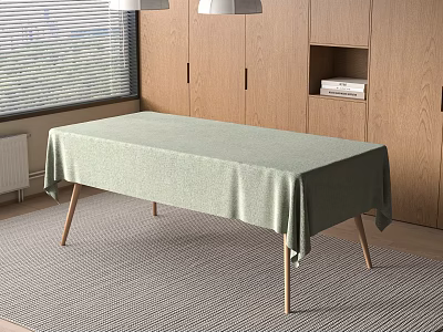 Light Green Tablecloth Covered Wooden Table With Pendant Lights And Wooden Cabinet Near Window 3d model