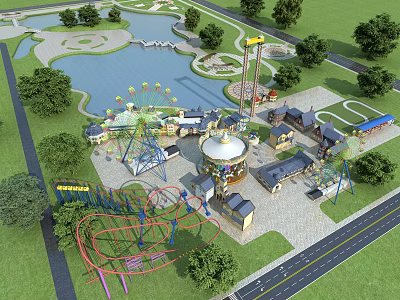 Amusement Park With Ferris Wheel Roller Coaster Carousel Train Lake Trees And Buildings 3d model