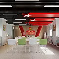 School Dining Space With Tables Chairs Windows And Red Star Ceiling Decorations 3d model