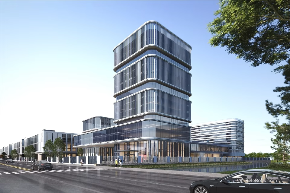 Modern Commercial Complex Architectural Design With Glass Curtain Walls And Urban Roadside Green Trees 3d model 