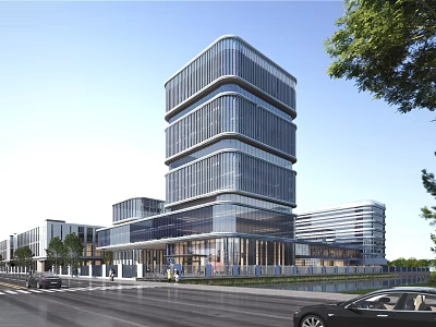 Modern Commercial Complex Architectural Design With Glass Curtain Walls And Urban Roadside Green Trees 3d model