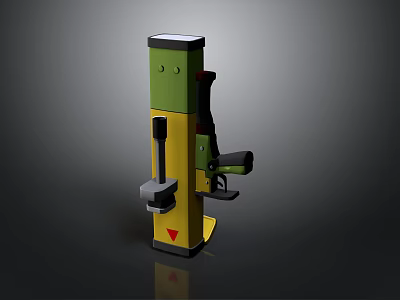 3D Model Of Vertical Yellow And Green Mechanical Device With Control Lever Red Base 3d model