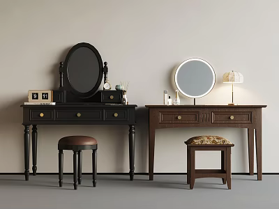 Black And Brown Dressing Tables With Oval Round Mirrors And Stools Interior 3d model