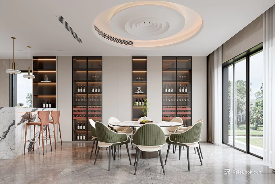 Modern Restaurant Interior With Open Layout Wine Racks And Green Dining Chairs 3d model