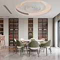 Modern Restaurant Interior With Open Layout Wine Racks And Green Dining Chairs 3d model