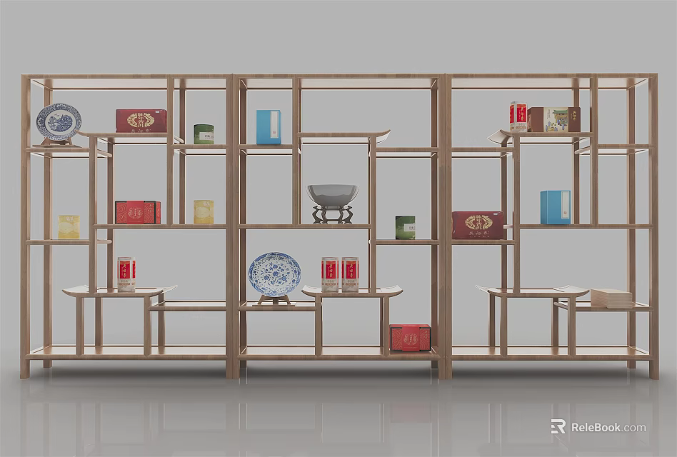 Modern Wooden Open Shelf Unit With Multi tiered Design And Decorative Storage Items 3d model