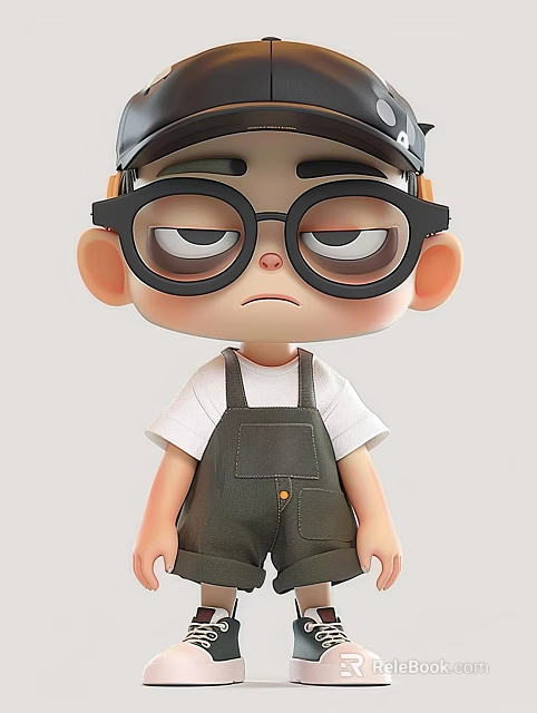 3D Carved Cartoon Boy Sculpture With Black Glasses White T-shirt Dark Overalls 3d model 