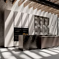 Modern Kitchen Interior Design With Marble Island Counter Hanging Lights And Wooden Beams