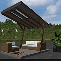 Outdoor Wooden Pergola with Sloped Roof Wicker Sofas Fire Pit Green Trees and Blue Sky