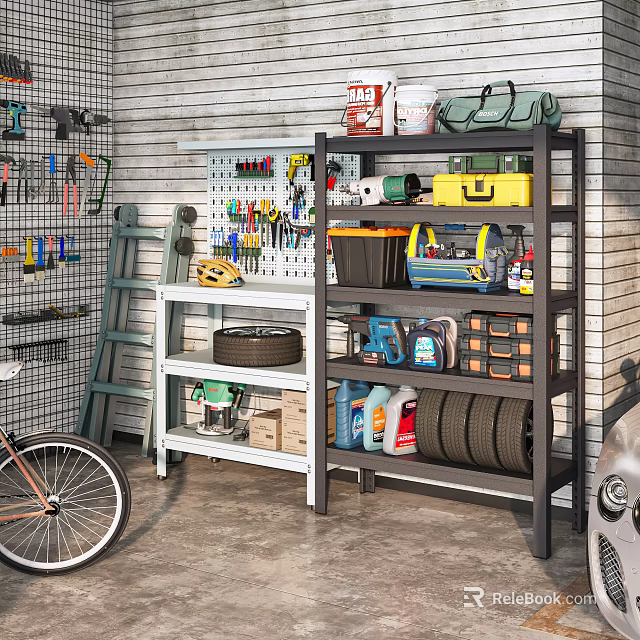 Practical Garage Storage Shelves With Tools Toolboxes Tires Ladder And Bicycle 3d model 