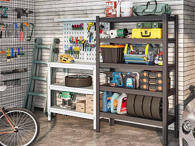 Practical Garage Storage Shelves With Tools Toolboxes Tires Ladder And Bicycle 3d model