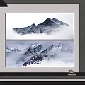 Two Panel Snowy Mountains Landscape Painting With Misty Clouds And Decorative Interior