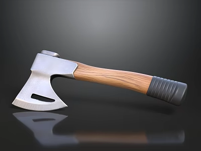 Stainless Steel Axe With Wooden Handle On Black Reflective Surface 3d model