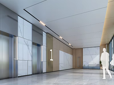 Modern Office Reception Area With Elevators Marble Walls Wooden Panels Lighting And Spacious Design 3d model