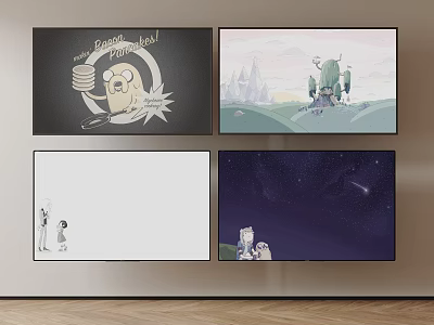 Four TVs Displaying Animated Cartoon Characters Scenic Views And Starry Sky 3d model