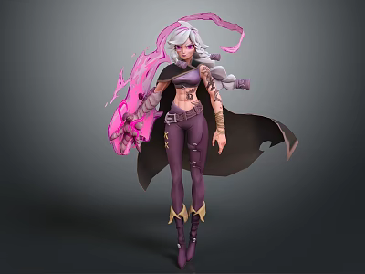 Fantasy Character With Purple Hair Pink Creature Energy And Black Cloak Tattoos 3d model