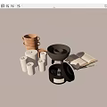 Decorative Ornament Set With Candles Clay Pot Black Bowl Open Book And Tray